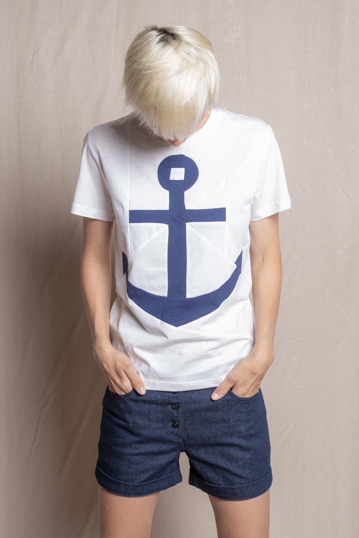 navy blue shirt with white anchors